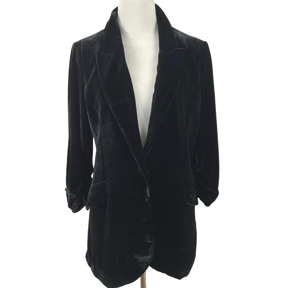 Rachel Zoe Black Velvet Blazer Jacket Open Front Ruched Sleeve Size M